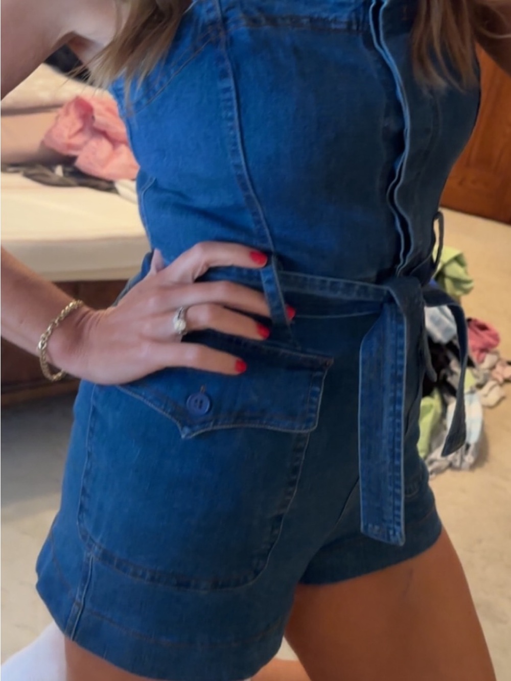 Olivaceous Denim Short Overalls Romper - Blue